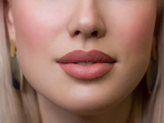 Fotobehang Sexual full lips. Natural gloss of lips and woman's skin. The mouth is closed. Increase in lips, cosmetology. Natural lips. Great summer mood with open eyes. fashion jewelry. Pink lip gloss © evgeniyasht19