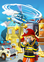 cartoon scene with fireman working near some ambulance and building is burning illustration for children