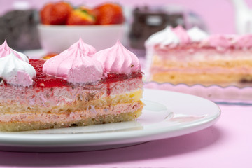 Homemade cream layer biscuit cake with strawberry
