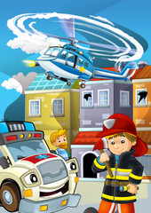cartoon stage with fireman fire fighting near some building smoking - illustration for children