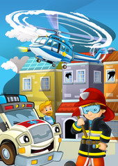 cartoon stage with fireman fire fighting near some building smoking - illustration for children