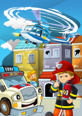 Naklejka premium cartoon stage with fireman fire fighting near some building smoking - illustration for children