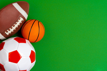 Set of balls for soccer, basketball and rugby