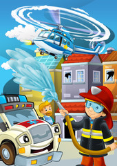 Obraz premium cartoon stage with fireman fire fighting near some building smoking - illustration for children