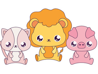 Kawaii cat lion and penguin cartoons vector design