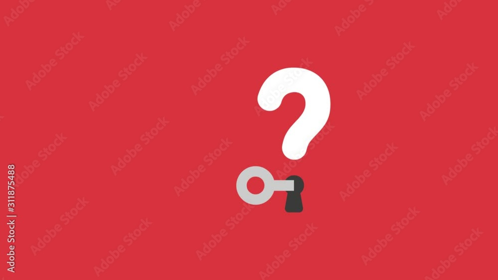 Poster animation of question mark with key into keyhole, red background.