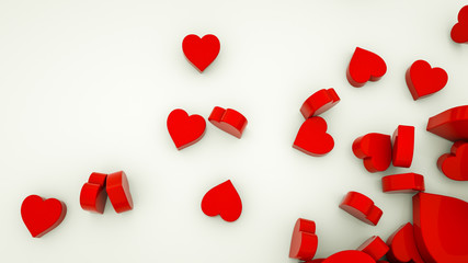 three-dimensional red hearts on a white background. 3d render illustration