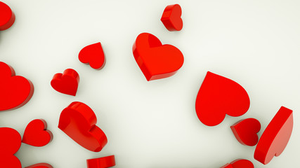three-dimensional red hearts on a white background. 3d render illustration