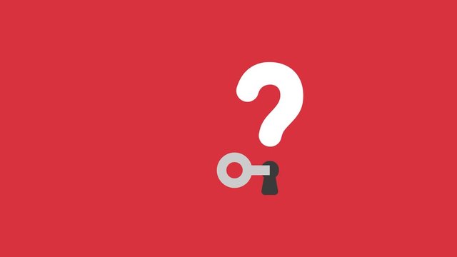 Animation of question mark with key into keyhole, red background.