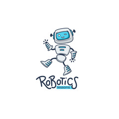 cute little robot for your robotic lessons and sducational program, vector logo template with lettering composition