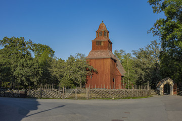 Traditional architecture of old Swedish building in Skansen open air museum at Djurgarden island,...