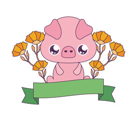 Kawaii pig cartoon with flowers and ribbon vector design