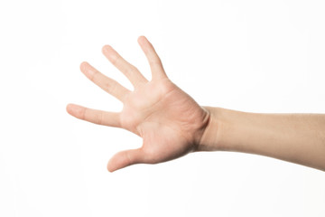 Hand of man showing opening gesture on white background