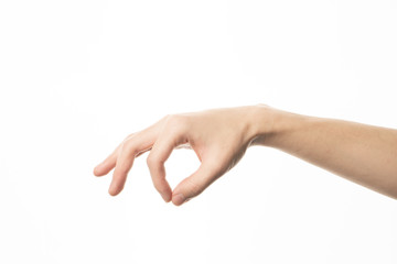 Human hand in picking gesture isolate on white background