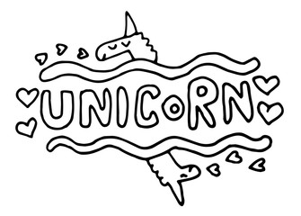 Coloring page with hand drawn unicorn with lettering.