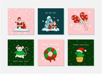 Santa Claus, Christmas tree, New year fat mouse, mittens, cactus, wreath - vector Kawaii Christmas greeting cards set with cute cartoon winter characters, et of prints or posters for Cristmas objects