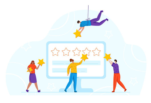 Tiny girs, men and screen - client feedback or review concept and online service evaluation, happy customers with huge stars, flat people and giant computer monitor with rating stars, Vector