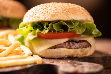 fresh tasty burger and french fries on wooden table