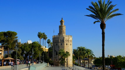 Fototapeta na wymiar Promenade in Sevilla zum Torre del Oro mit vielen Mensch und blauem Himmel