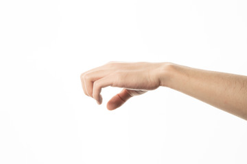 Hand of man catching gesture on white background