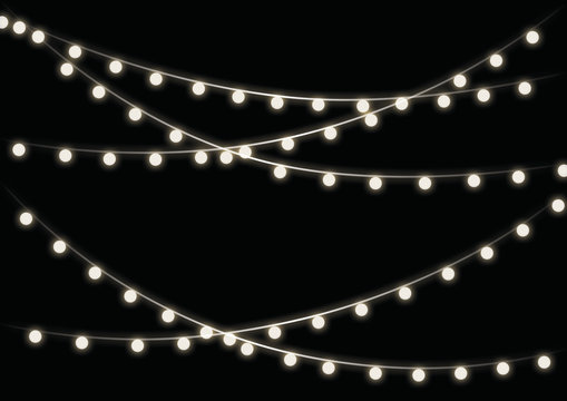 Circle white garlands, festive decorations. Glowing christmas lights isolated on transparent background.