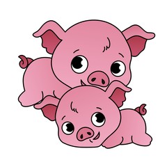 Illustration of 2 Pig Cartoon, Cute Funny Character with, Flat Design