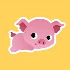 Sticker of Pig Cartoon, Cute Funny Character with, Flat Design
