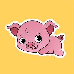 Sticker of Pig Cartoon, Cute Funny Character with, Flat Design