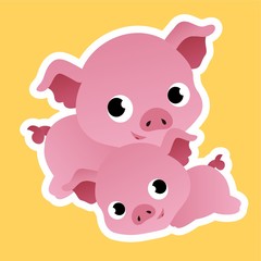 Sticker of 2 Pig Cartoon, Cute Funny Character with, Flat Design