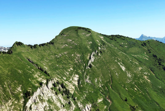 Alpine mountain peak Tierberg above the Wagital valley or Waegital and Lake Wagitalersee (Waegitalersee), Innerthal - Canton of Schwyz, Switzerland