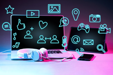 Laptip and touch pad with social media icons.