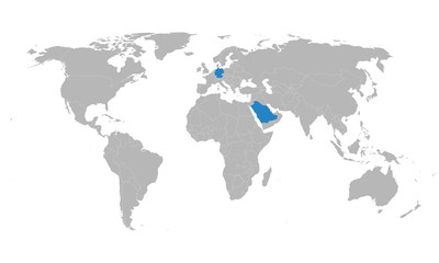 Germany, saudi arabia map marked blue on world map vector. Gray background. Perfect for backgrounds, backdrop, business concepts, presentation, charts and wallpapers. Foreign, trade relations