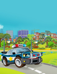 Obraz na płótnie Canvas cartoon scene with police car vehicle on the road - illustration for children