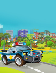 Fototapeta na wymiar cartoon scene with police car vehicle on the road - illustration for children