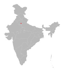 Delhi state highlighted red on indian map vector. Light gray background. Perfect for business concepts, backdrop, backgrounds, label, sticker, chart etc.