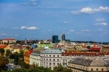 Fototapeta na wymiar Zagreb, Croatia / 30th August 2018: Aerial wiev of Zagreb cathedral and downtown