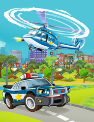 Obraz na płótnie Canvas cartoon scene with police car vehicle on the road and helicopter flying - illustration for children