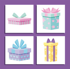 Gifts with bowties inside frames vector design