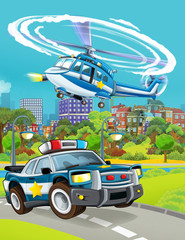 cartoon scene with police car vehicle on the road and helicopter flying - illustration for children