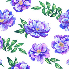 Seamless pattern with beautiful blue violet flowers. Hand drawn watercolor illustration. Texture for print, fabric, textile, wallpaper.