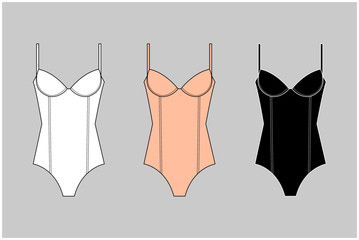 Set of women's bodysuits. Boudoir set. Sets of basic women's underwear. Bra and underpants. Vector illustration.