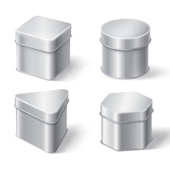 Metal tin boxes for coffee, tea or candies. Vector realistic mockup of round, square, triangle and hexagon shape cans for packaging dry products, biscuits and sweets isolated on white background
