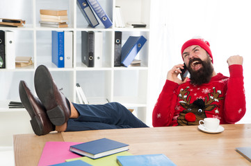 Spreading holiday cheer. Businessman in Christmas jumper. Hipster talk on mobile phone. Bearded man...
