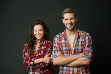 Smile with me. Happy family grey background. Couple in love in casual style. Love relationship. Love and romance. Date and dating. Hearts that love are always young