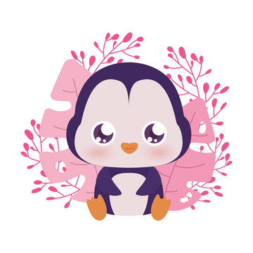 Cute penguin cartoon with leaves vector design