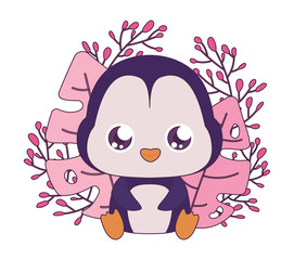 Kawaii penguin cartoon with leaves vector design