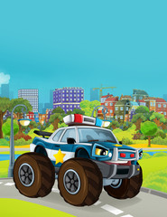 cartoon scene with police car vehicle monster truck on the road - illustration for children