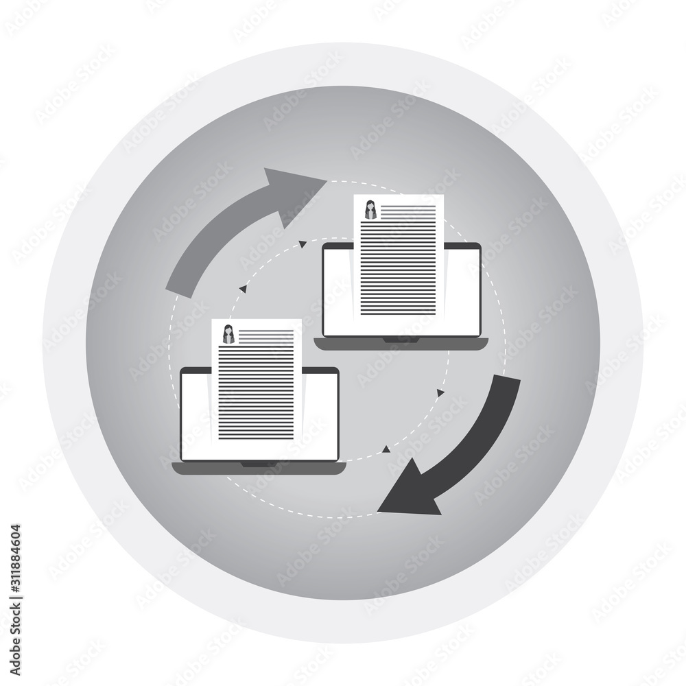Poster exchanging files. copying files between devices. black and white icon