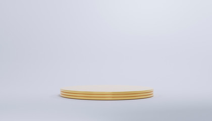 3d rendered illustration with geometric shapes golden cylinder podium platforms for cosmetic product presentation. Mock up empty space. Abstract composition in blue pastel background modern style.