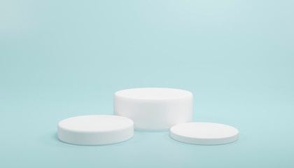 3d rendered illustration with geometric shapes three white cylinder podium platform for cosmetic product presentation.Mock up design empty space. Abstract composition in pastel background modern style